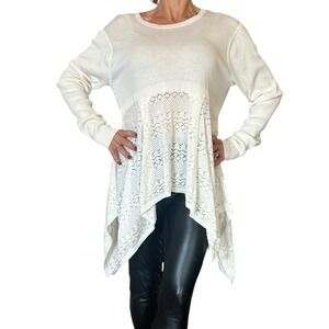 WILT WOMENS SWEATER IVORY CASHMERE BLEND POINTELLE KNIT HI LO HANDKERCHIEF HEM L